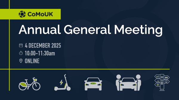 CoMoUK AGM, 4 December 2025, 10:00-11:30am, online, with icons of shared transport modes