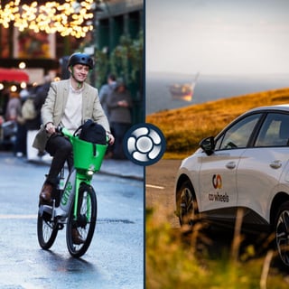 Side-by-side images of a green shared e-bike being ridden by a man in a suit alongside a white car club vehicle in a rural setting with the sea in the background.