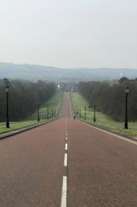 Empty road toward parliament buildings in Belfast