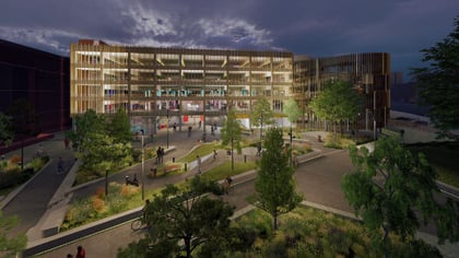 Artists render of the Bell Street mobility hub in Dundee featuring planters and a well lit car park