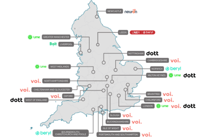 The CoMoUK shared e-scooter map showing locations of schemes around England