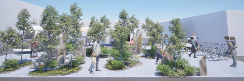 A rendering of the imagined mobility hub in Japan with shared bikes, many trees and green elements, with a bus and kiosk in the background.