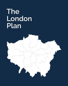 A white map of London sits beneath "The London Plan" on a dark blue background.