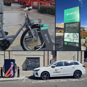 Mayflower hub featuring a electric car club vehicle, shared bikes and buses