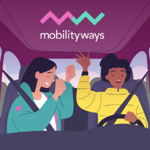 Mobilityways logo on top of an illustration of two people ride sharing