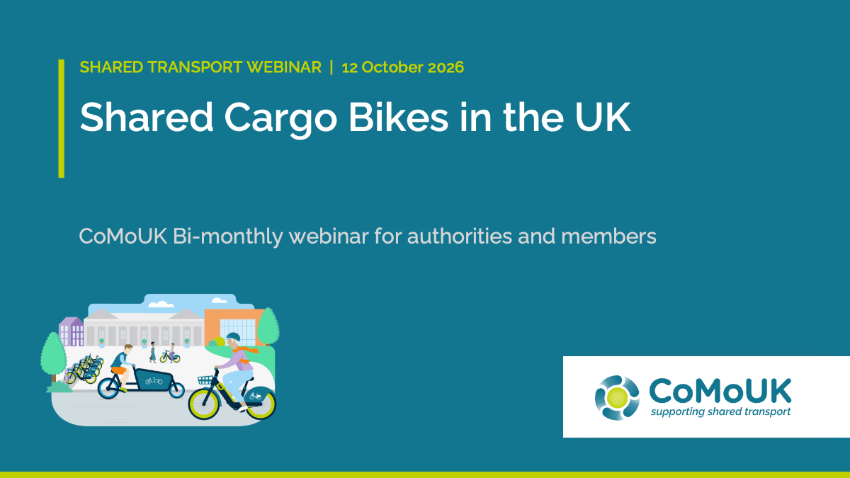 Event banner with text: Shared Transport Webinar, 12 October 2026, Shared Cargo Bikes in the UK, CoMoUK Bi-monthly webinar for authorities and members. Illustration of shared bikes scene alongside CoMoUK logo.